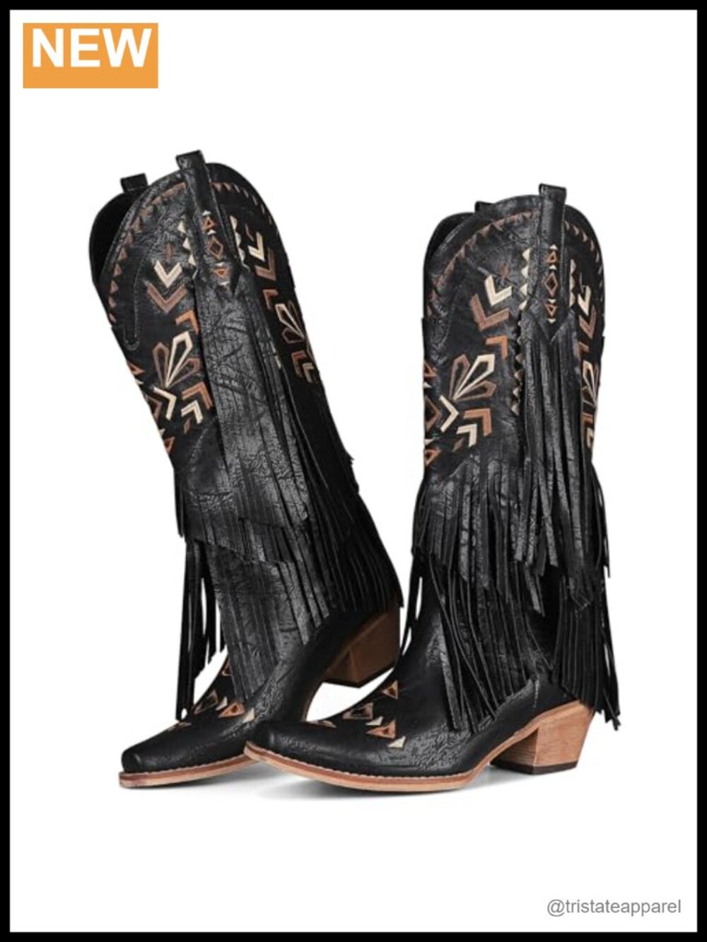 Knee High Cowgirl Boots Fringe Western PU Leather Chunky Heel Embroidered